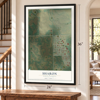 Sharon, North Dakota map, 24 x 36 inch print in a black frame by a staircase