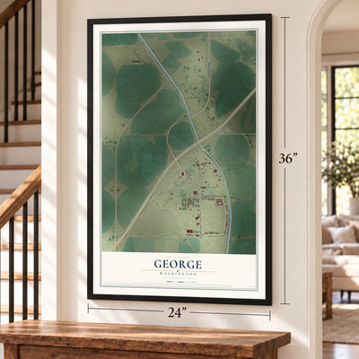George, Washington map, 24 x 36 inch print in a black frame by a staircase