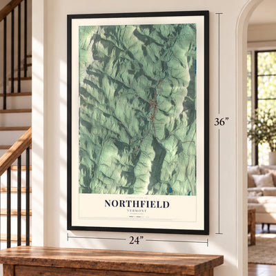 Northfield, Vermont map, 24 x 36 inch print in a black frame by a staircase
