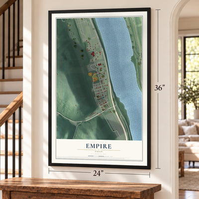 Empire, Ohio map, 24 x 36 inch print in a black frame by a staircase