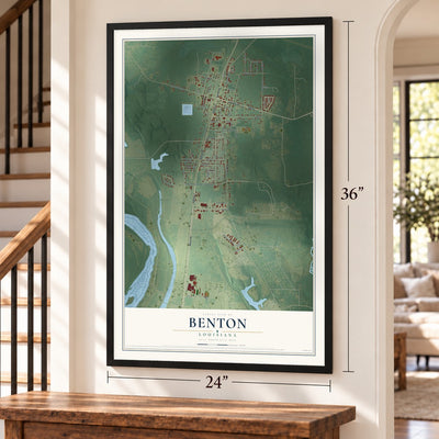 Benton, Louisiana map, 24 x 36 inch print in a black frame by a staircase