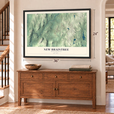 New Braintree, Massachusetts map, 24 x 36 inch print in a black frame above a dresser by a staircase