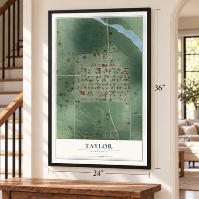 Taylor, Nebraska map, 24 x 36 inch print in a black frame by a staircase
