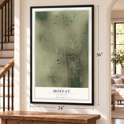 Moffat, Colorado map, 24 x 36 inch print in a black frame by a staircase
