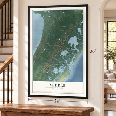 Middle, New Jersey map, 24 x 36 inch print in a black frame by a staircase