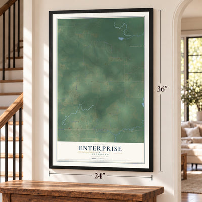 Enterprise, Michigan map, 24 x 36 inch print in a black frame by a staircase