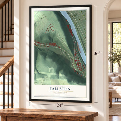 Fallston, Pennsylvania map, 24 x 36 inch print in a black frame by a staircase