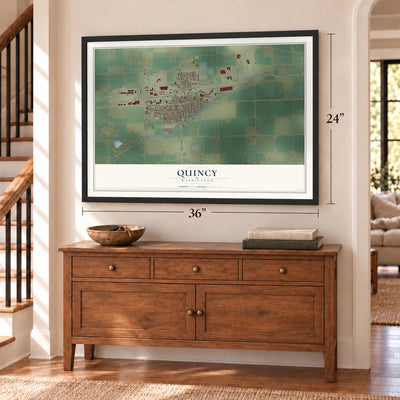 Quincy, Washington map, 24 x 36 inch print in a black frame above a dresser by a staircase