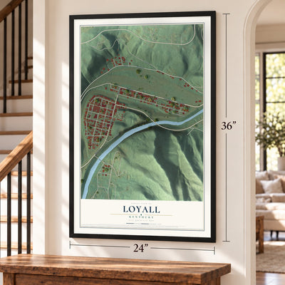 Loyall, Kentucky map, 24 x 36 inch print in a black frame by a staircase