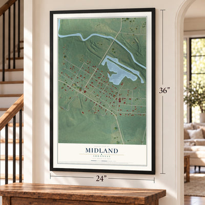 Midland, Arkansas map, 24 x 36 inch print in a black frame by a staircase