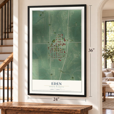 Eden, South Dakota map, 24 x 36 inch print in a black frame by a staircase