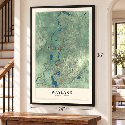 Wayland, Massachusetts map, 24 x 36 inch print in a black frame by a staircase