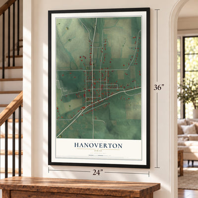 Hanoverton, Ohio map, 24 x 36 inch print in a black frame by a staircase
