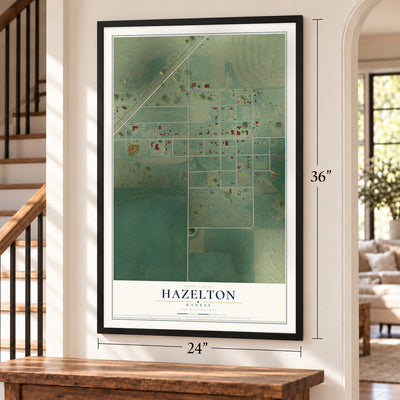 Hazelton, Kansas map, 24 x 36 inch print in a black frame by a staircase