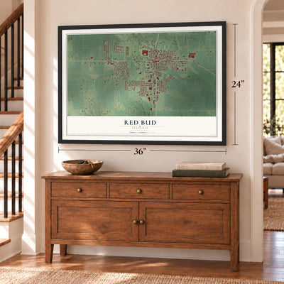 Red Bud, Illinois map, 24 x 36 inch print in a black frame above a dresser by a staircase