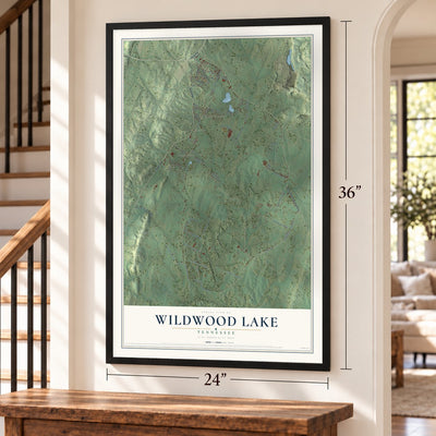 Wildwood Lake, Tennessee map, 24 x 36 inch print in a black frame by a staircase
