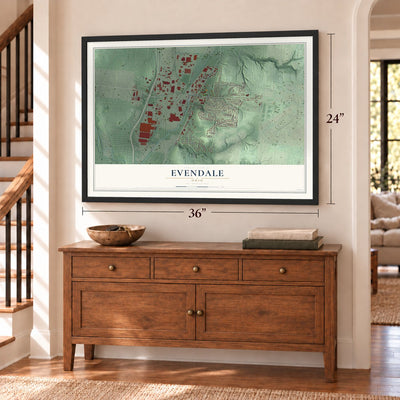 Evendale, Ohio map, 24 x 36 inch print in a black frame above a dresser by a staircase