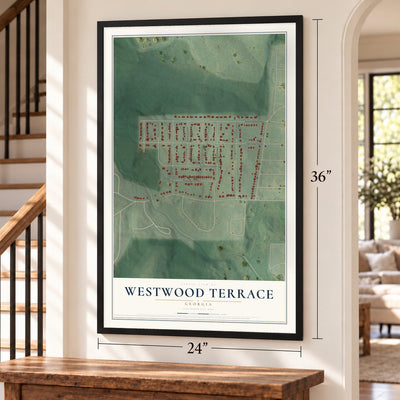 Westwood Terrace, Georgia map, 24 x 36 inch print in a black frame by a staircase