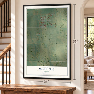Mobeetie, Texas map, 24 x 36 inch print in a black frame by a staircase