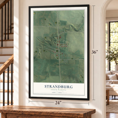Strandburg, South Dakota map, 24 x 36 inch print in a black frame by a staircase