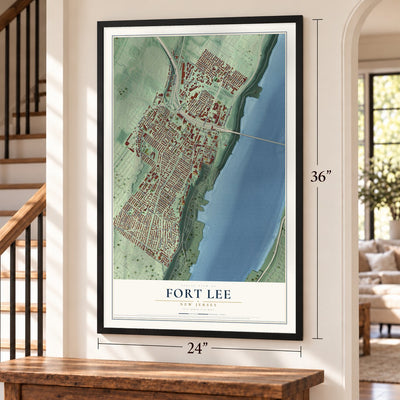 Fort Lee, New Jersey map, 24 x 36 inch print in a black frame by a staircase