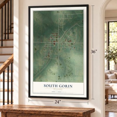 South Gorin, Missouri map, 24 x 36 inch print in a black frame by a staircase