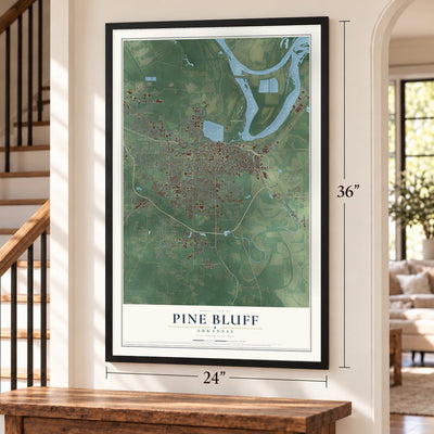 Pine Bluff, Arkansas map, 24 x 36 inch print in a black frame by a staircase