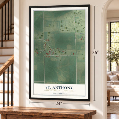 St. Anthony, Stearns County, Minnesota map, 24 x 36 inch print in a black frame by a staircase