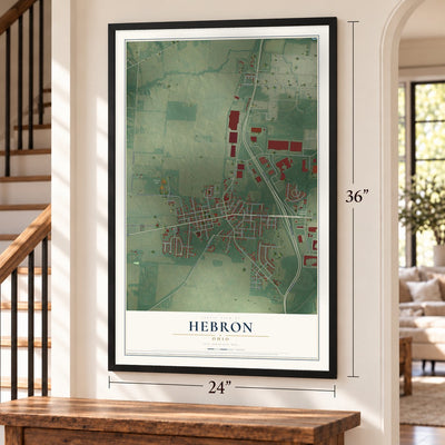 Hebron, Ohio map, 24 x 36 inch print in a black frame by a staircase