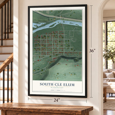 South Cle Elum, Washington map, 24 x 36 inch print in a black frame by a staircase