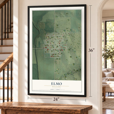 Elmo, Missouri map, 24 x 36 inch print in a black frame by a staircase
