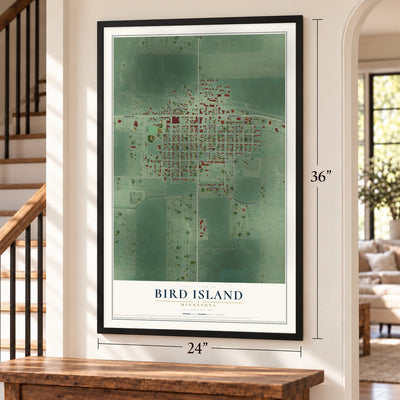 Bird Island, Minnesota map, 24 x 36 inch print in a black frame by a staircase