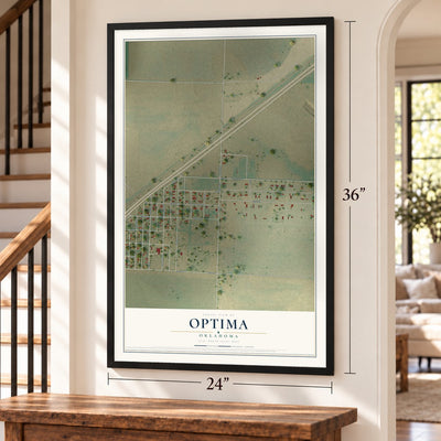 Optima, Oklahoma map, 24 x 36 inch print in a black frame by a staircase