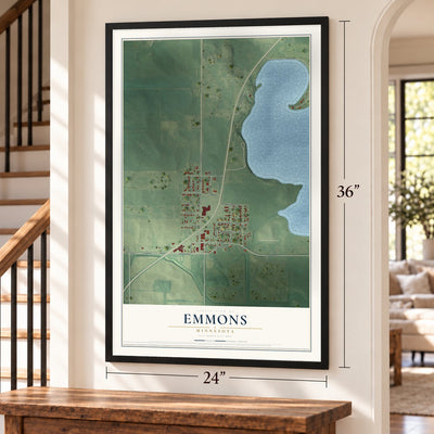 Emmons, Minnesota map, 24 x 36 inch print in a black frame by a staircase