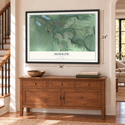 Morrow, Ohio map, 24 x 36 inch print in a black frame above a dresser by a staircase