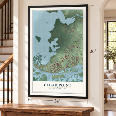 Cedar Point, North Carolina map, 24 x 36 inch print in a black frame by a staircase