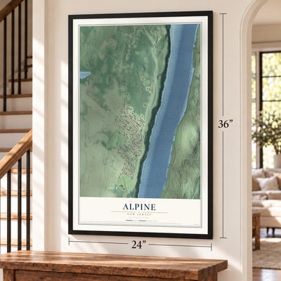 Alpine, New Jersey map, 24 x 36 inch print in a black frame by a staircase