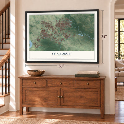 St. George, Louisiana map, 24 x 36 inch print in a black frame above a dresser by a staircase