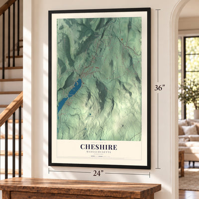 Cheshire, Massachusetts map, 24 x 36 inch print in a black frame by a staircase