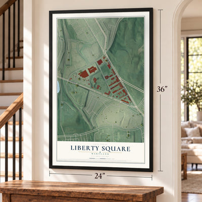 Liberty Square, Maryland map, 24 x 36 inch print in a black frame by a staircase