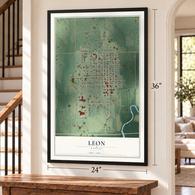 Leon, Kansas map, 24 x 36 inch print in a black frame by a staircase