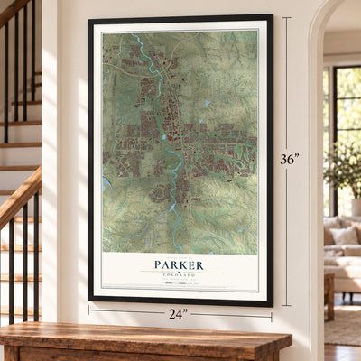 Parker, Colorado map, 24 x 36 inch print in a black frame by a staircase