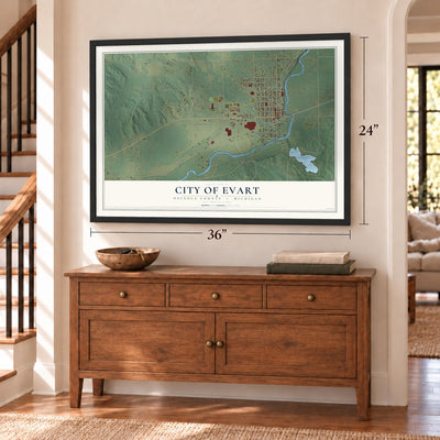 Evart, Michigan map, 24 x 36 inch print in a black frame above a dresser by a staircase