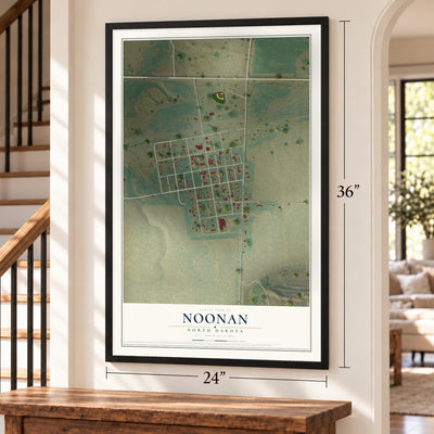 Noonan, North Dakota map, 24 x 36 inch print in a black frame by a staircase