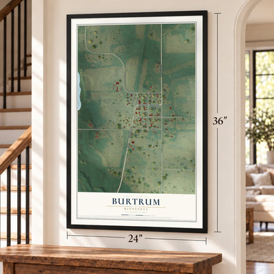 Burtrum, Minnesota map, 24 x 36 inch print in a black frame by a staircase