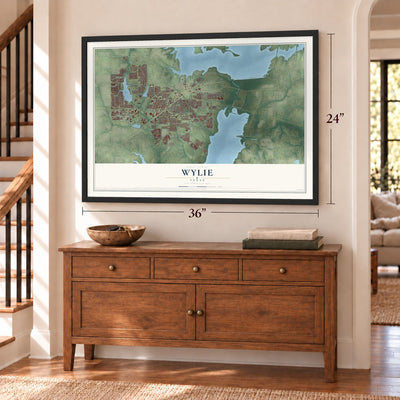 Wylie, Texas map, 24 x 36 inch print in a black frame above a dresser by a staircase