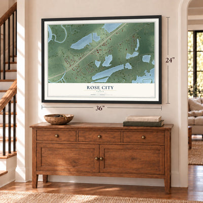 Rose City, Texas map, 24 x 36 inch print in a black frame above a dresser by a staircase