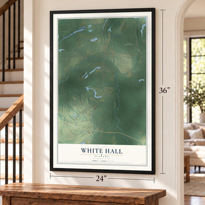 White Hall, Alabama map, 24 x 36 inch print in a black frame by a staircase