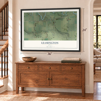 Leamington, Utah map, 24 x 36 inch print in a black frame above a dresser by a staircase