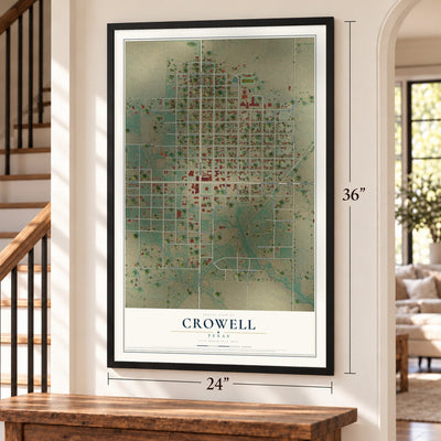 Crowell, Texas map, 24 x 36 inch print in a black frame by a staircase